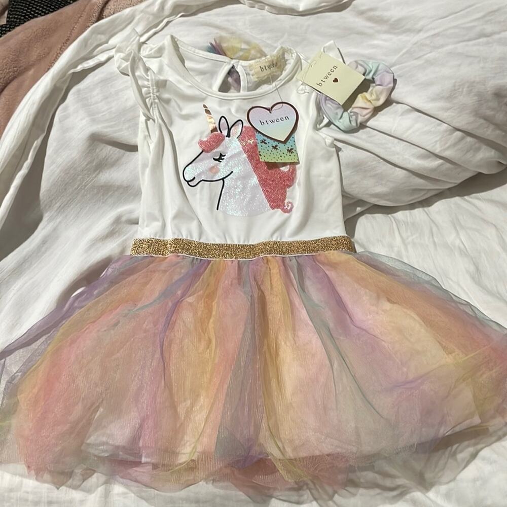 Btween 6 unicorn tutu rainbow dress ruffled sleeve scrunchie set nwt pink white